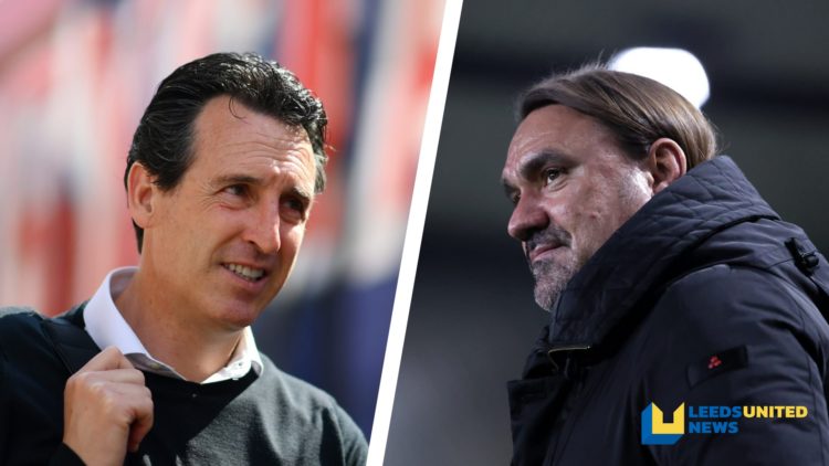 Split image of Aston Villa manager Unai Emery before a game, and Leeds United manager Daniel Farke on the touchlines.