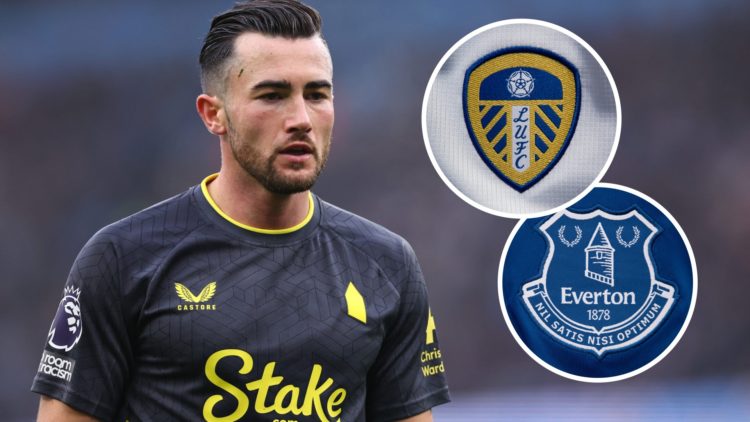 Jack Harrison in action for Everton. Inset, Leeds United club badge. Inset, Everton club badge.