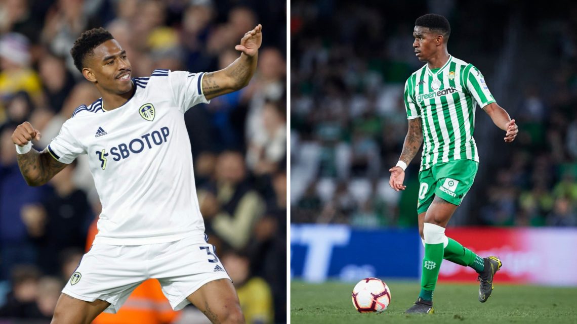 Junior Firpo celebrates a Leeds goal in the Premier League, and in action during his Real Betis days.