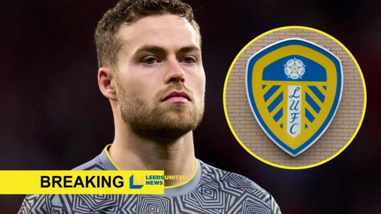 Close up image of Gabriel Gudmundsson with a neutral facial expression. Inset: Leeds United crest on a brick wall.