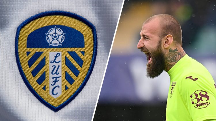 Leeds United crest (left) and Torino goalkeeper Vanja Milinkovic-Savic (right)