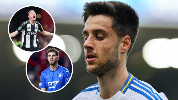 Leeds United midfielder Ilia Gruev. Inset, Sean Longstaff celebrating for Newcastle. Inset, Hoffenheim's Anton Stach.