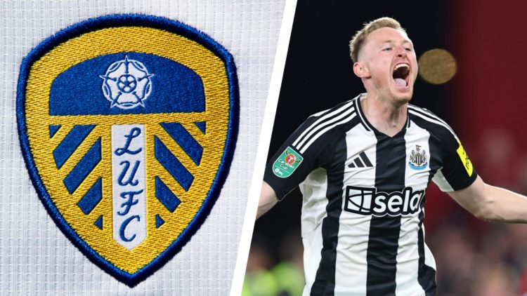 Split image of the official club badge of Leeds United, and Newcastle United midfielder Sean Longstaff celebrating a goal.