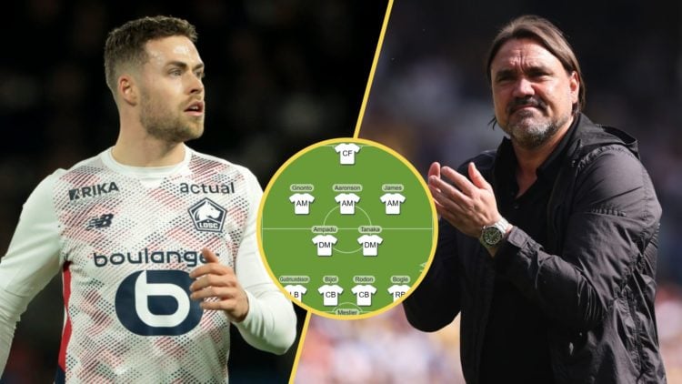 Split image: Gabriel Gudmundsson in action for Lille (L). Leeds United manager Daniel Farke (R). Inset: Leeds team graphic.