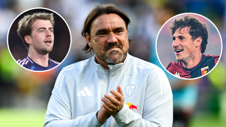 Daniel Farke, Leeds United manager, alongside Patrick Bamford & Andrea Pinamonti.