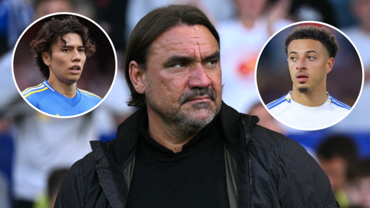 Daniel Farke, Leeds United manager, alongside players Ethan Ampadu and Ao Tanaka.