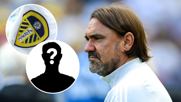 Daniel Farke alongside Leeds United badge and mystery player.