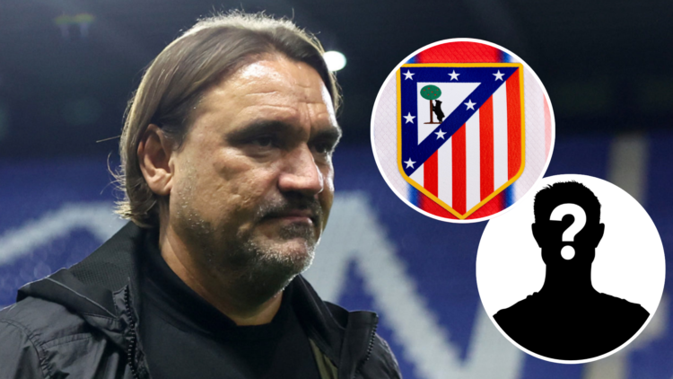 Daniel Farke, Leeds United manager alongside Athletic Madrid badge.