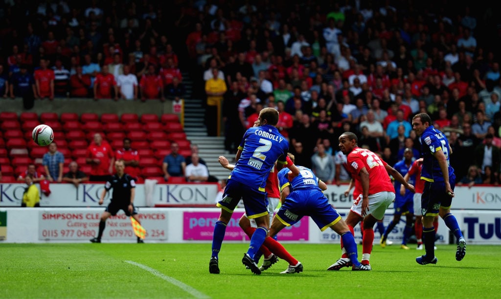 Dexter Blackstock scores during Nottingham Forest v Leeds United in 2010