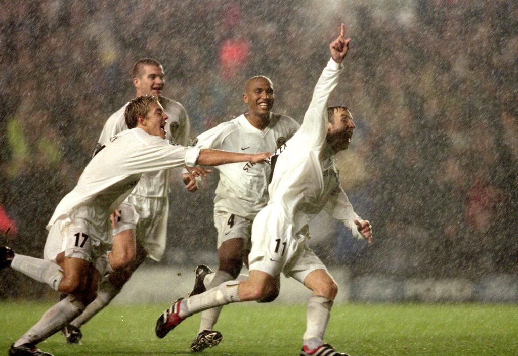 Lee Bowyer celebrates his goal for Leeds United against AC Milan in 2000
