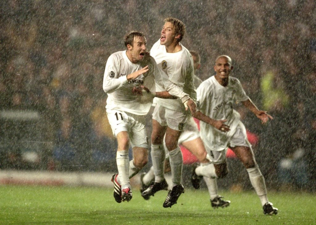 Lee Bowyer celebrates his goal for Leeds united against AC Milan in 2000