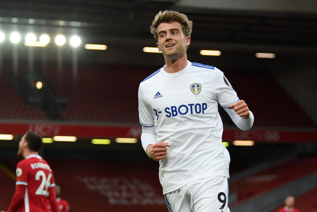 Patrick Bamford celebrates a goal for Leeds United vs Liverpool