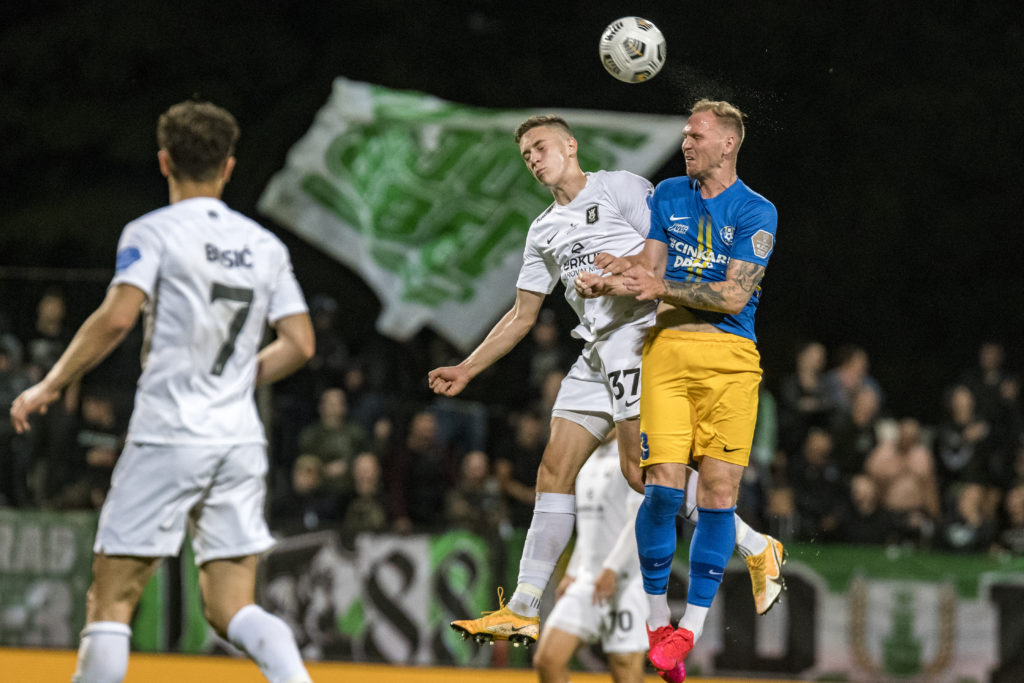 Zan Benedicic challenges for the ball during NK Celje v NK Olimpija Ljubljana - Hervis Pokal Slovenije Final