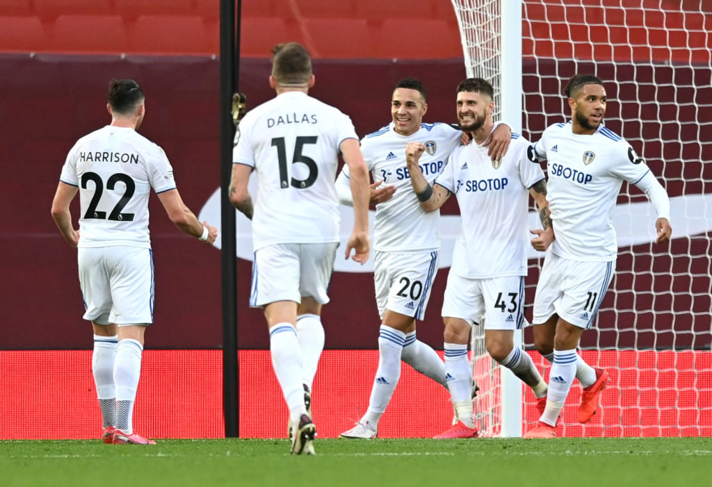 Leeds United squad playing Liverpool in 2020.