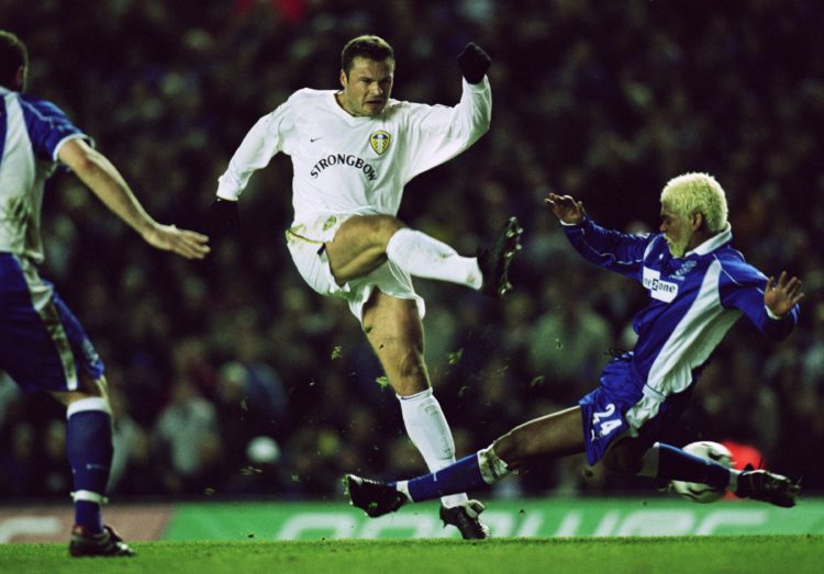 19 Dec 2001:  Mark Viduka of Leeds United shoots past Abel Xavier of Everton during the FA Barclaycard Premiership match at Elland Road in Leeds, E...