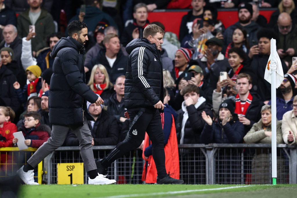 Ruben Amorim and Eddie Howe after a game between Newcastle and Man United.
