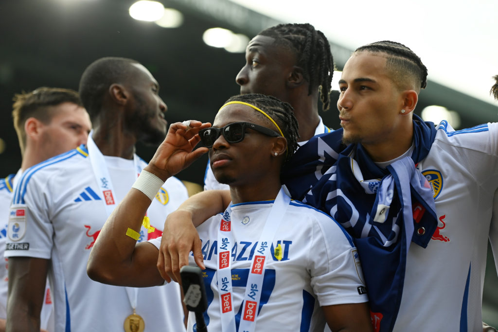 Largie Ramazani of Leeds United celebrates after the teams 2-1 victory, which confirmed that the team has won the Sky Bet Championship.