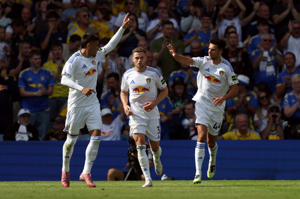 Leeds players celebrate goal v Villarreal.