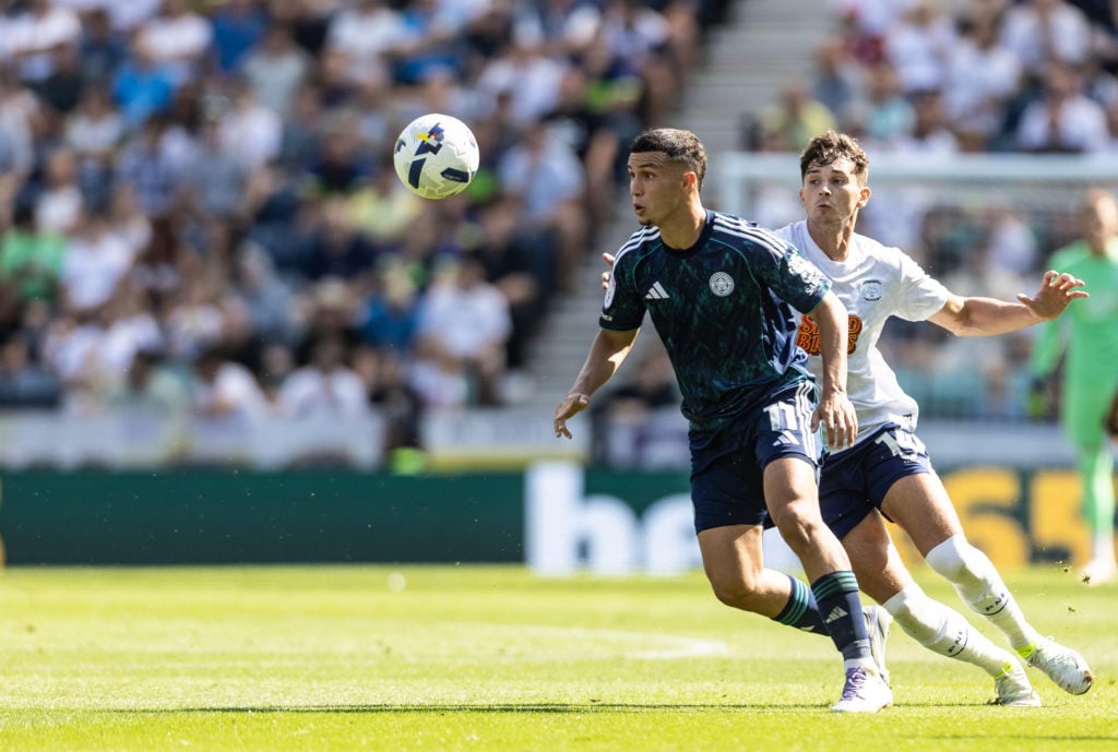 Bilal El Khannouss in action during Preston North End v Leicester City - Sky Bet Championship