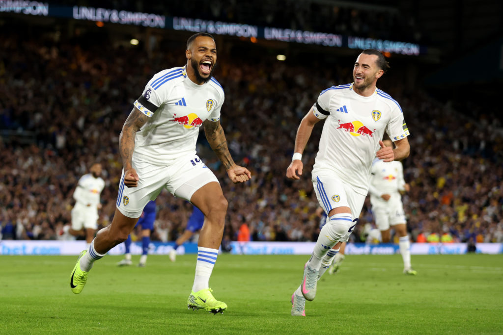 Lukas Nmecha celebrates scoring Leeds' winner against Everton.
