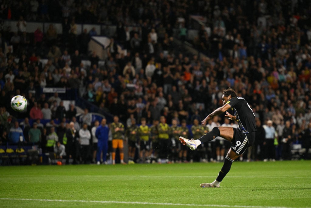 Dominic Calvert-Lewin skies his penalty against Sheffield Wednesday.