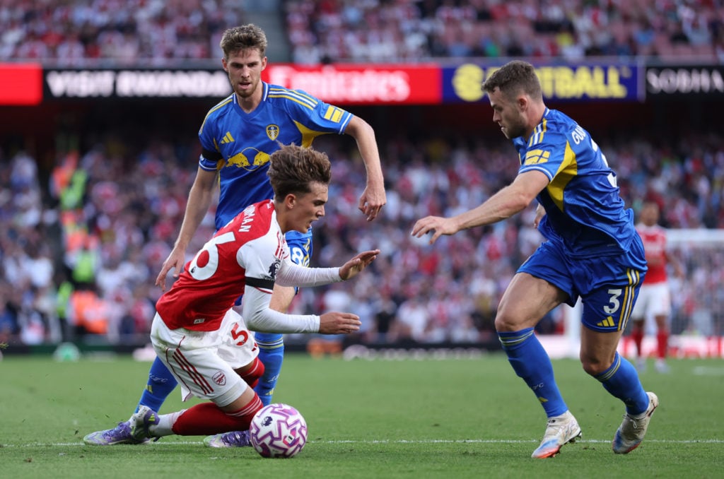 Max Dowman goes down in the box under a challenge from Anton Stach during Arsenal v Leeds United - Premier League