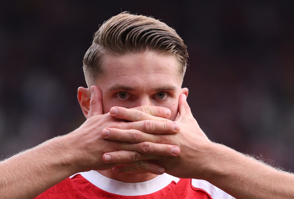 Viktor Gyokeres of Arsenal celebrates after scoring.