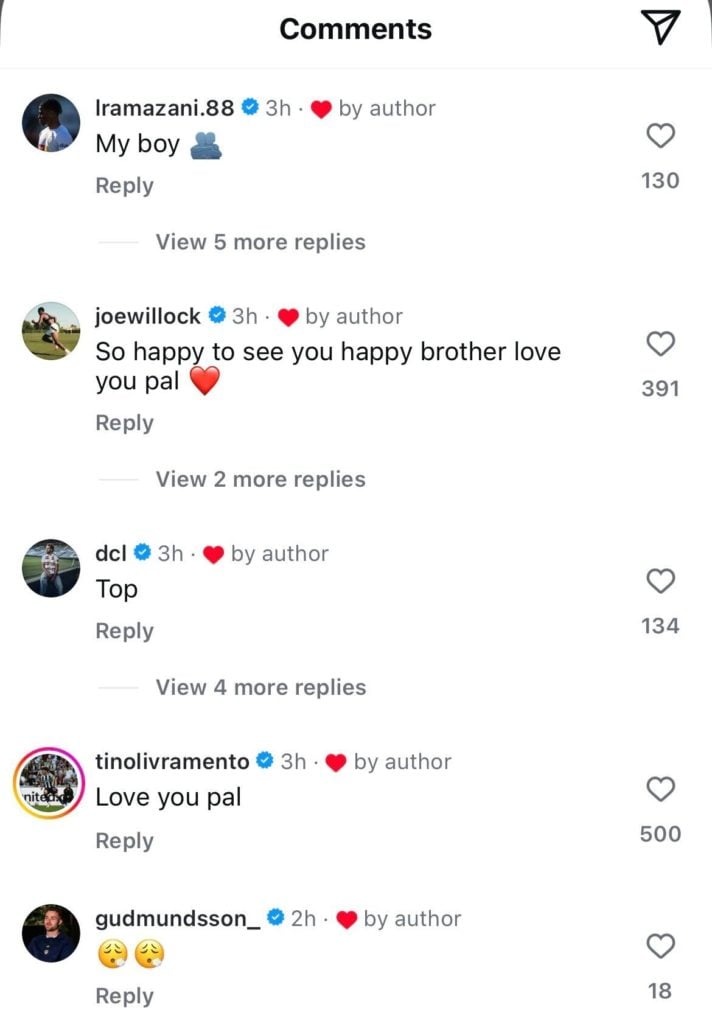 Screenshot of Joe Willock, Tino Livramento, Largie Ramazani and Leeds players praising Sean Longstaff.