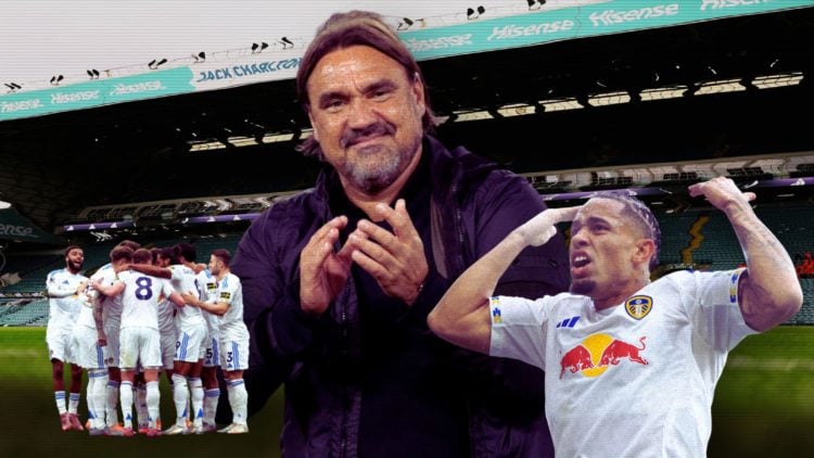 Collage of Daniel Farke applauding, Noah Okafor raising his arms and Leeds United players in a huddle.