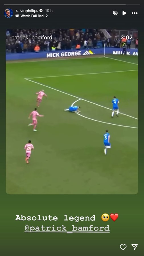 Screenshot of Kalvin Phillips' Instagram story with a tribute to Patrick Bamford