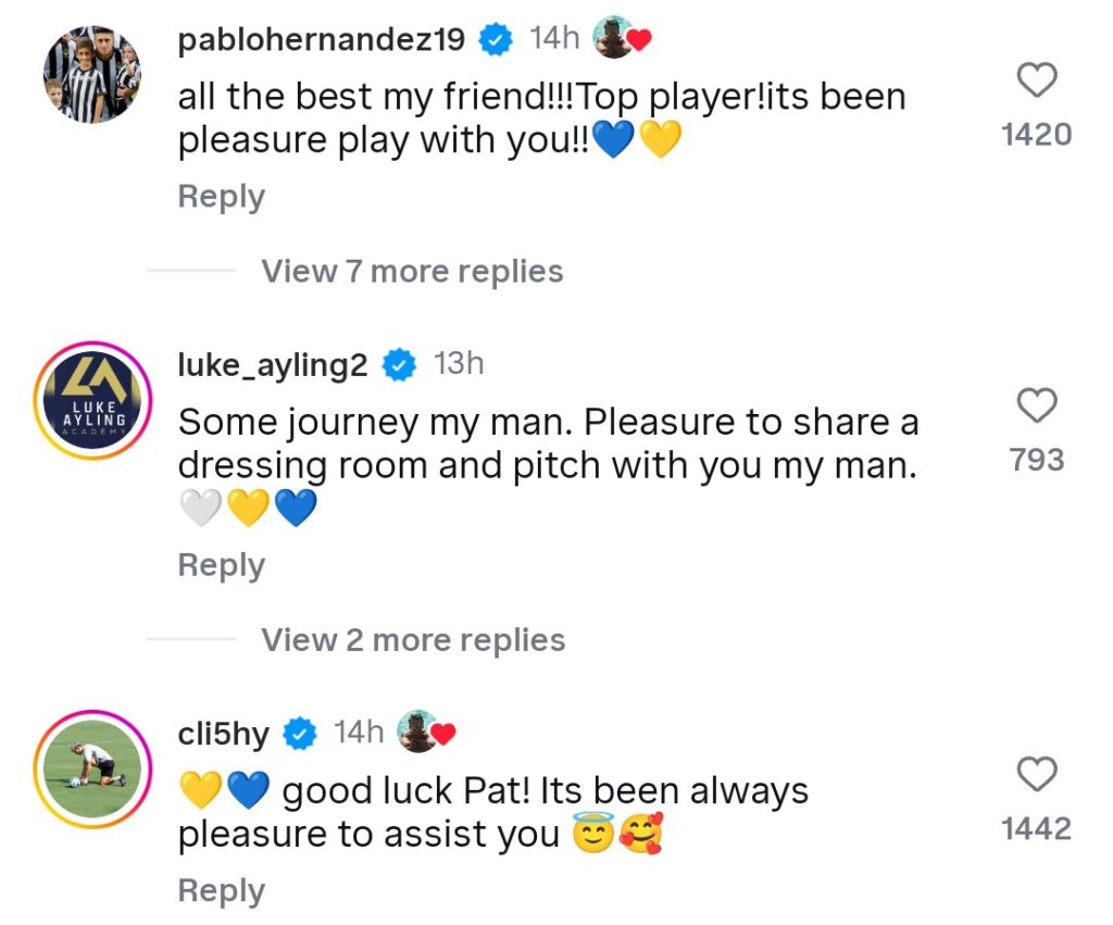 Screenshot of tributes to Patrick Bamford from Pablo Hernandes, Luke Ayling and Mateusz Klick on Instagram