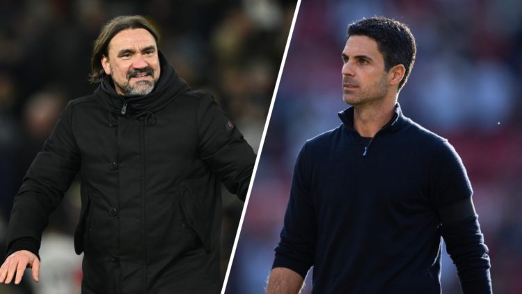 Split image of Leeds United manager Daniel Farke and Arsenal manager Mikel Arteta