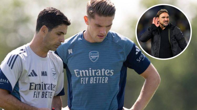 Arsenal manager Mikel Arteta talks to Viktor Gyokeres with Daniel Farke inset