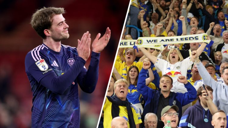 Split image of Patrick Bamford and the Leeds United fans