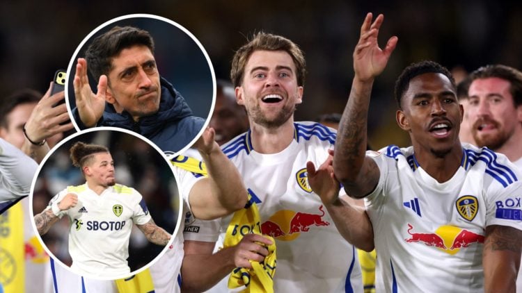 Patrick Bamford celebrates for Leeds United with Kalvin Phillips and Pablo Hernandez inset