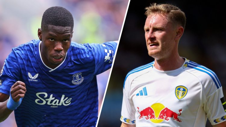 Split image: Thierno Barry running while playing for Everton (L). Sean Longstaff in action for Leeds United (R).