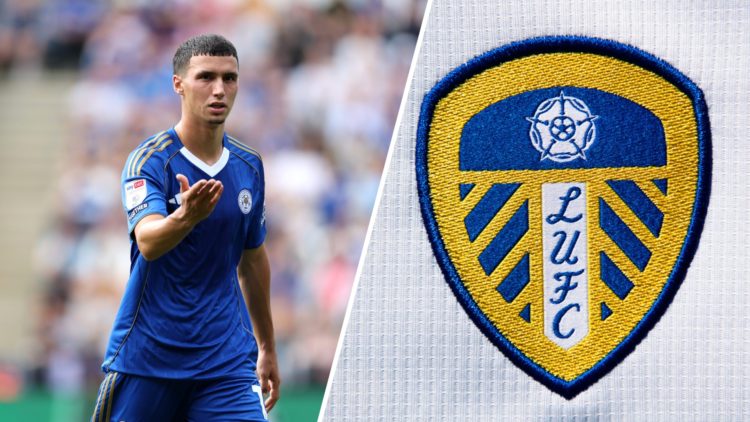 Leicester City's Bilal El Khannouss (left) and Leeds United crest (right)