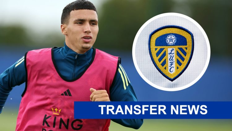 Leicester City player Bilal El Khannouss during a training session. Inset a picture of the official club badge of Leeds United.