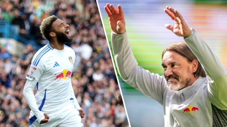 Split image of Jayden Bogle and Leeds United manager Daniel Farke