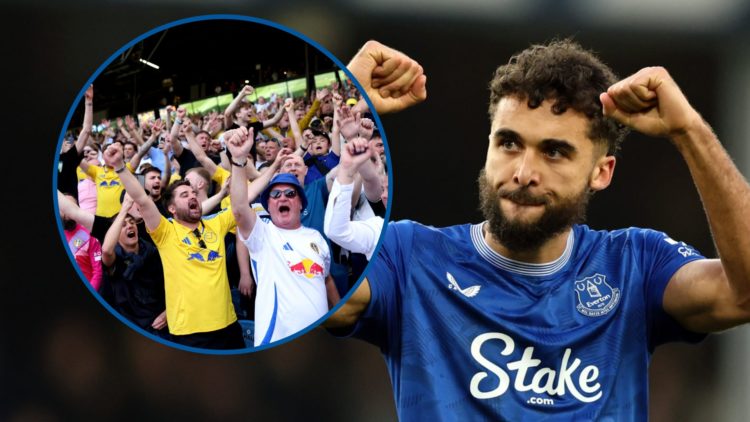 Dominic Calvert-Lewin pumps his fists in celebration. Inset: Leeds United fans.
