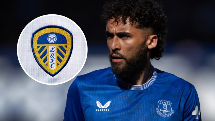 Former Everton striker Dominic Calvert-Lewin with the Leeds United badge inset