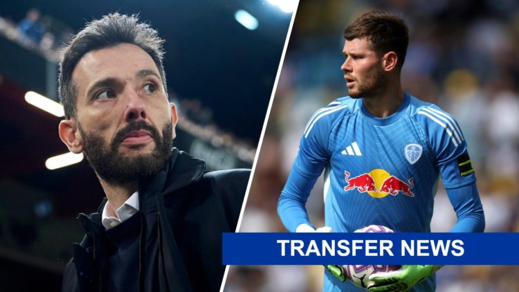 Split image of Valencia manager Carlos Corberan and Leeds United goalkeeper Illan Meslier