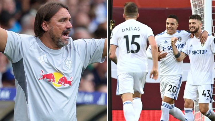 Daniel Farke, Leeds United manager, and Leeds squad of 2020/21.