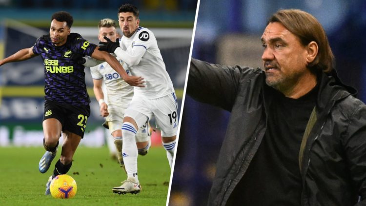 Daniel Farke managing Leeds United and Pablo Hernandez playing for Leeds, taking on Newcastle's Jacob Murphy.