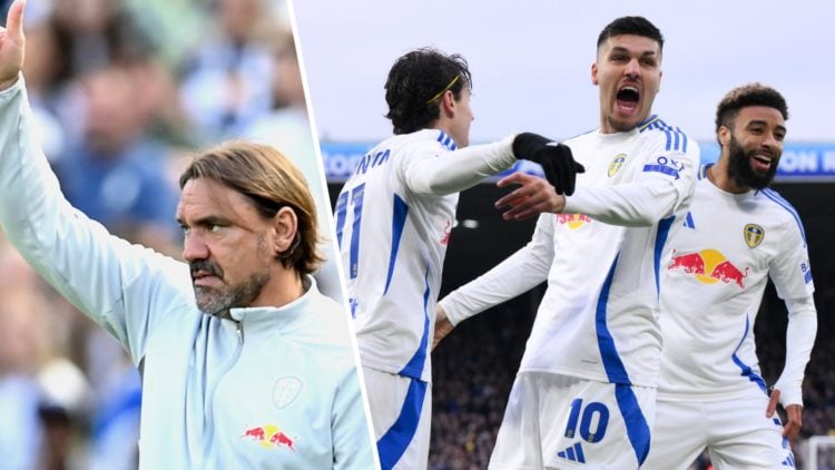 Daniel Farke, Leeds manager. Joel Piroe celebrating a goal.