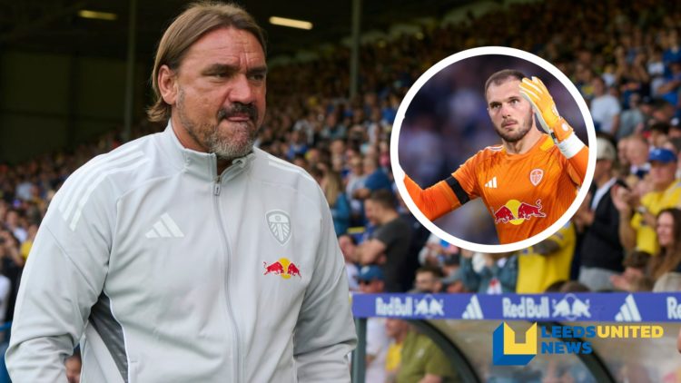 Leeds United manager Daniel Farke walks down the touchline. Inset a picture of Leeds United goalkeeper Lucas Perri in action.
