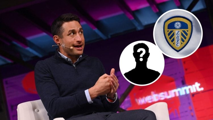 The Athletic's David Ornstein (left) and Leeds United crest with mystery player inset (right)