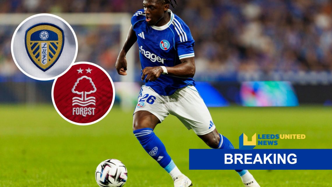RC Strasbourg's Dilane Bakwa (right) with Leeds United and Nottingham Forest crests (left)