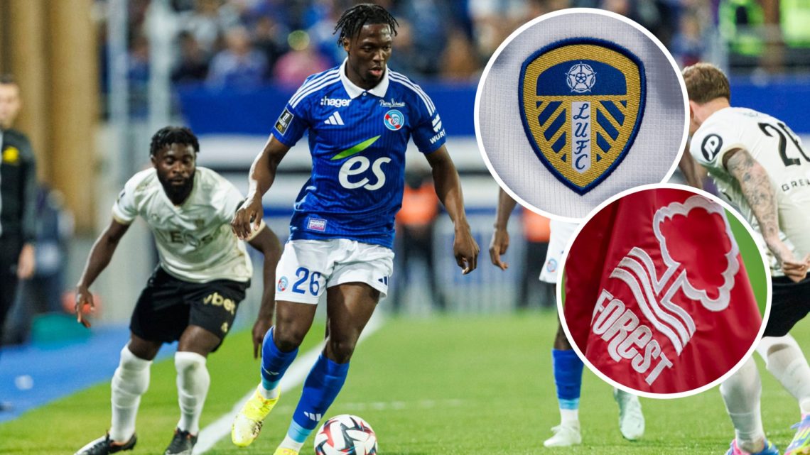 RC Strasbourg's Dilane Bakwa (left) with Leeds United and Nottingham Forest crests (right)