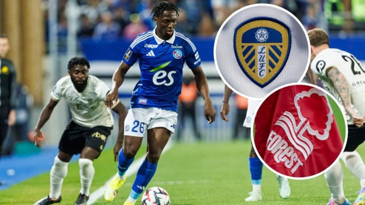RC Strasbourg's Dilane Bakwa (left) with Leeds United and Nottingham Forest crests (right)